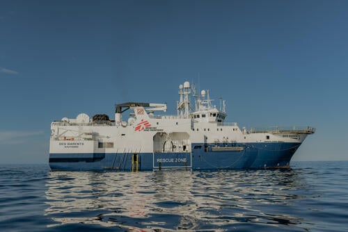 The Geo Barents ship from the Rhib, during rescue trainings