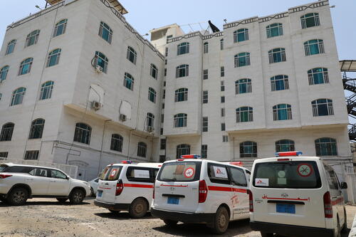 Ambulances are parked outside MSF’s Mother and Child hospital in Houban, September 2021. Teams refer newborn babies and patients of trauma to other facilities for further medical care.
