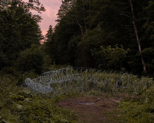 Wire fence on the Polish-Belarusian Border. Krynki, Podlaskie region, Poland.