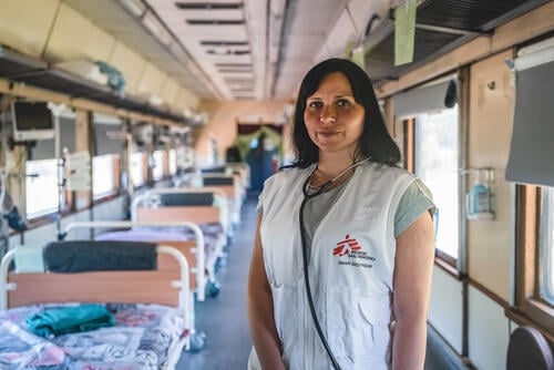 Dr Albina Zharkova, from Ukraine, inside the intensive care unit (ICU) of the MSF medical train during a journey to Pokrovsk, in eastern Ukraine, where the team pick up war-wounded and sick patients, and transport them back to hospitals in western Ukraine.