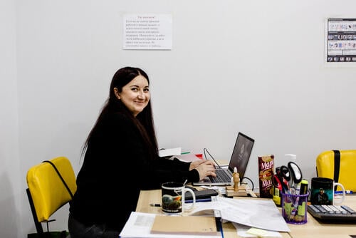 Inna Shenheliia, Ukrainian human resources, finance, and admin assistant, works in the Kharkiv office. She began as a translator with MSF and worked with the team in the Kharkiv metro stations. Now she assists with a variety of needs for the team.