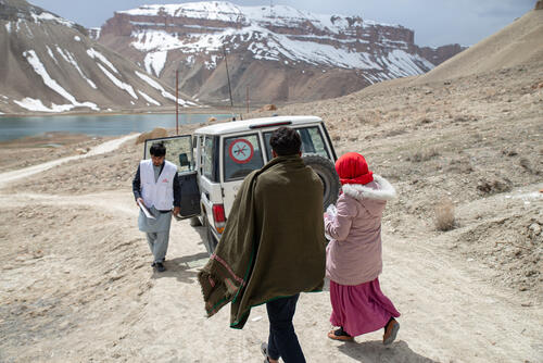 19-year-old Naqiba leaves the MSF-supported Band-e-Amir community health facility after receiving a postnatal consultation. MSF opened Band-e-Amir community health facility in late December 2022. The facility offers antenatal care (ANC), postnatal care (PNC), delivery and maternal care, under-5 paediatric consultations, malnutrition monitoring and referrals of complicated cases.