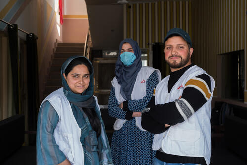 Sabreena Hassan, health promoter supervisor with her colleagues Danishta and Mansoor ul Hassan, both Community mental health workers, at Mental Health counselling center at Dadasara Tral.​