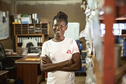 Ayot Martino, pharmacy supervisor, works in the MSF warehouse for the medicine supply for the Aweil hospital.