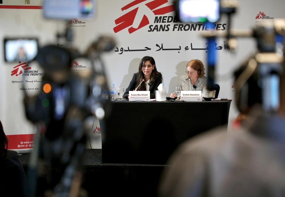 Enass Abu-Khalaff and Vicky Hawkins during the press conference for Sudan: A War On People.