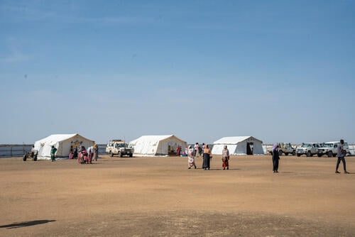 A view of the tents set up for the mobile clinic in Girbanat, Renk County, where thousands of displaced people have sought refuge after fleeing the conflict in Sudan. The mobile clinic includes several tents, each designated for specific purposes.