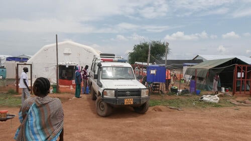 An ambulance dropping off a patient at the entrance of the MSF-run cholera treatment unit in Abyei
