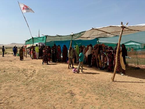 Mothers wait in line with their children to undergo MUAC screening for malnutrition. Those identified as moderately malnourished are immediately registered in the MAM program to receive therapeutic nutritional supplements such as Plumpy’Sup. 

MAM Clinic, Dabaniera Camp, Tawila, North Darfur.