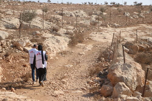 MSF mental health counselor and social worker supervisor on their way to assess the needs of a family that was attacked by settlers in Shi’b al-Butum, south of the West Bank, Palestine.