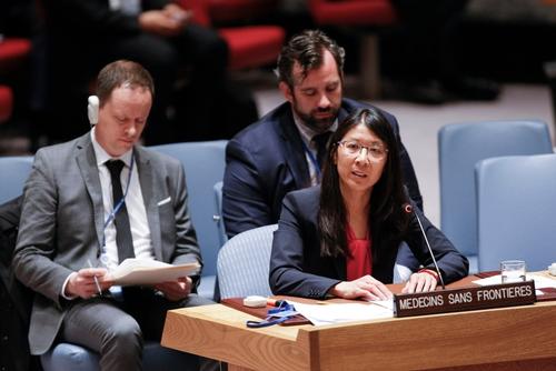 MSF International President Dr Joanne Liu addresses a meeting of the UN Security Council 03 May 2016 on the adoption of the UN Resolution for the Protection of civilians and healthcare in armed conflict.