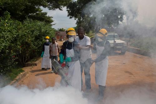 Medecins Sans Frontieres (MSF) staff members fumigate a neighbourhood in Matadi, during an operation to kill adult mosquitoes.