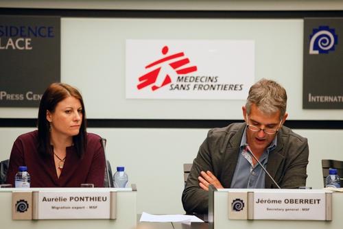 Aurelie Ponthieu MSF Migration Advisor (left) and Jerome Oberrit, MSF International Secretary General speak at a press conference in Brussels where Médecins Sans Frontières (MSF) announced that they will no longer take funds from the European Union and European governments, in opposition to their damaging deterrence policies and intensifying attempts to push people and their suffering away from European shores. MSF’s decision will take effect immediately and will apply to all of the organisation’s projects worldwide.