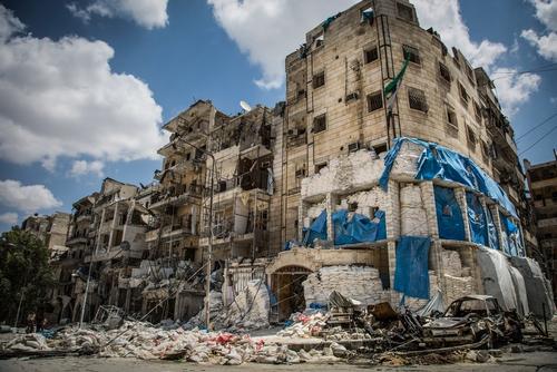 A hospital in east Aleppo is patched up with sandbags after it was hit by airstrikes in April 2016, killing one doctor and injuring several nurses.