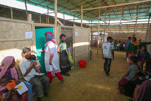 MSF staff treat Rohingya refugee patients at a clinic in a camp in Bangladesh.