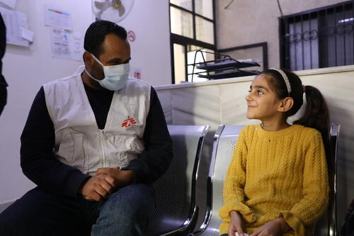 MSF health promoter is talking Rawan Jamaluddin after the blood test at MSF supported Darayya health facility, Rural Damascus.