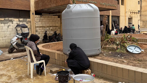 These displaced women have carried their dishes down from the 4th floor of the building they are taking shelter in to wash them near a water tank MSF fills with clean water. Meanwhile, many others, elderly and living with disabilities, cannot do so safely. Soon, these trips, often multiple a day, will no longer be needed, as MSF is rehabilitating the water system and installing communal washing points on each floor.