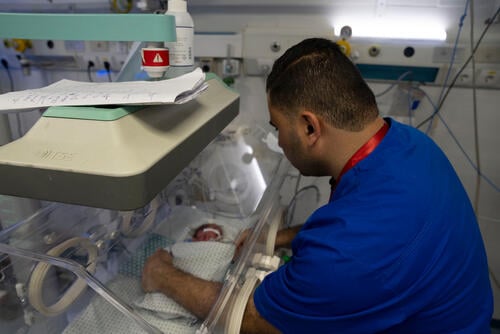 A staff at Al-Helou Hospital, in Gaza City, Occupied Palestinian Territory, checks on a newborn with low-weight lying in an incubator.