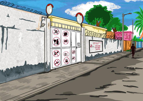 View of the entrance to the MSF hospital in Cité Soleil, Port-au-Prince. Faced with an extreme spike in violence, MSF was forced to evacuate patients and staff on 11 May 2026 and temporarily suspend its activities. The hospital remained closed for three weeks, until 1 June.